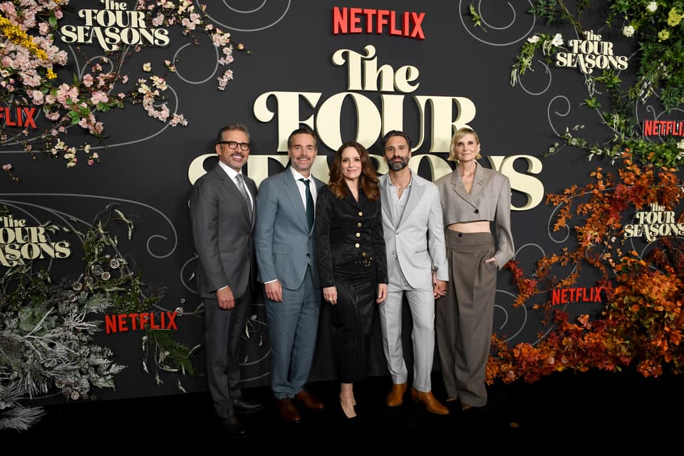  (L-R) Steve Carell, Will Forte, Tina Fey, Marco Calvani, and Kerri Kenney-Silver attend premiere for Netflix's "The Four Seasons" in LA